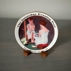 Vintage Norman Rockwell Girl At The Mirror Mini Porcelain Plate & Display Stand